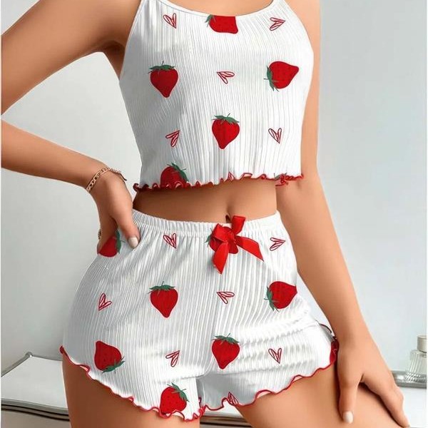 Arias Closet Penye Kumaş Çilek Desen Beyaz Şortlu Takım