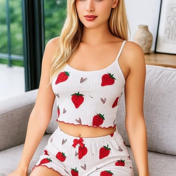 Arias Closet Penye Kumaş Çilek Desen Beyaz Şortlu Takım