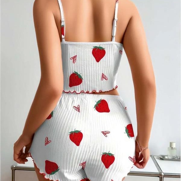 Arias Closet Penye Kumaş Çilek Desen Beyaz Şortlu Takım