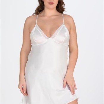 Arias Closet Premium Büyük Beden Saten Dantel İşlemeli Beyaz-Pembe 2'Li Gecelik Sabahlık Takımı Bigsize