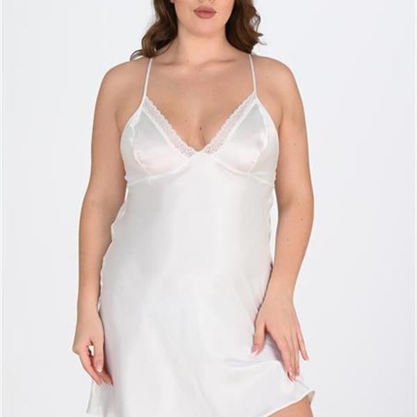 Arias Closet Premium Büyük Beden Saten Dantel İşlemeli Beyaz-Pembe 2'Li Gecelik Sabahlık Takımı Bigsize