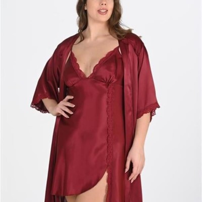 Arias Closet Premium Büyük Beden Saten Dantel İşlemeli Bordo 2'Li Gecelik Sabahlık Takımı Bigsize