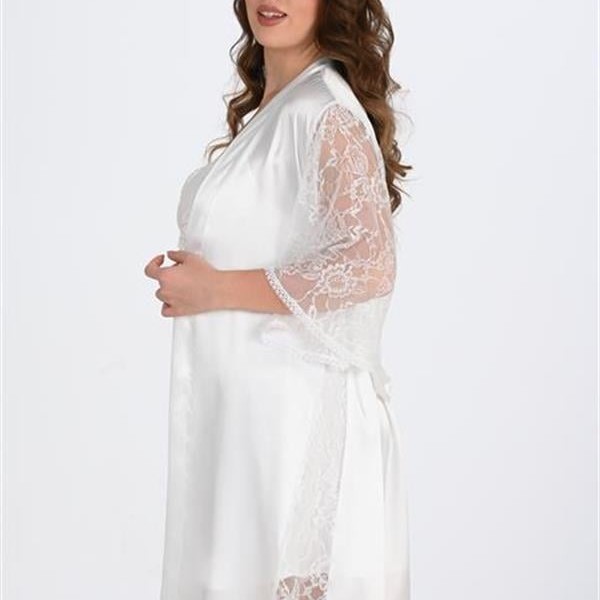 Arias Closet Premium Büyük Beden Saten Dantel İşlemeli Ekru 2'Li Gecelik Sabahlık Takımı Bigsize