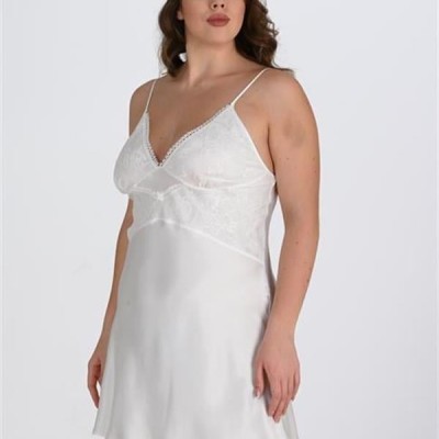 Arias Closet Premium Büyük Beden Saten Dantel İşlemeli Ekru 2'Li Gecelik Sabahlık Takımı Bigsize