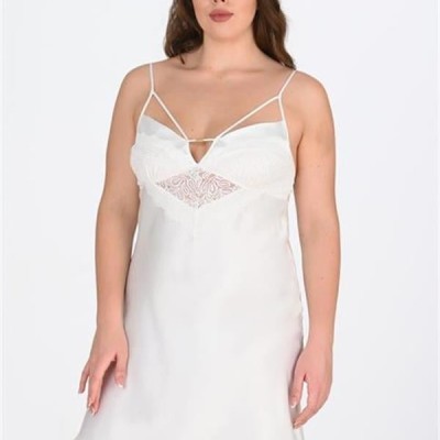 Arias Closet Premium Büyük Beden Saten Dantel İşlemeli Ekru Gecelik Bigsize