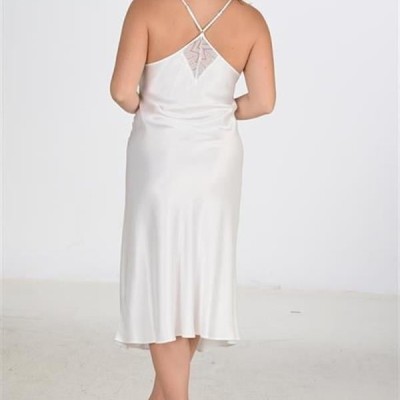 Arias Closet Premium Büyük Beden Saten Dantel İşlemeli Ekru Uzun Yırtmaçlı 2'Li Gecelik Sabahlık Takımı Bigsize