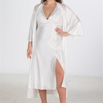 Arias Closet Premium Büyük Beden Saten Dantel İşlemeli Ekru Uzun Yırtmaçlı 2'Li Gecelik Sabahlık Takımı Bigsize