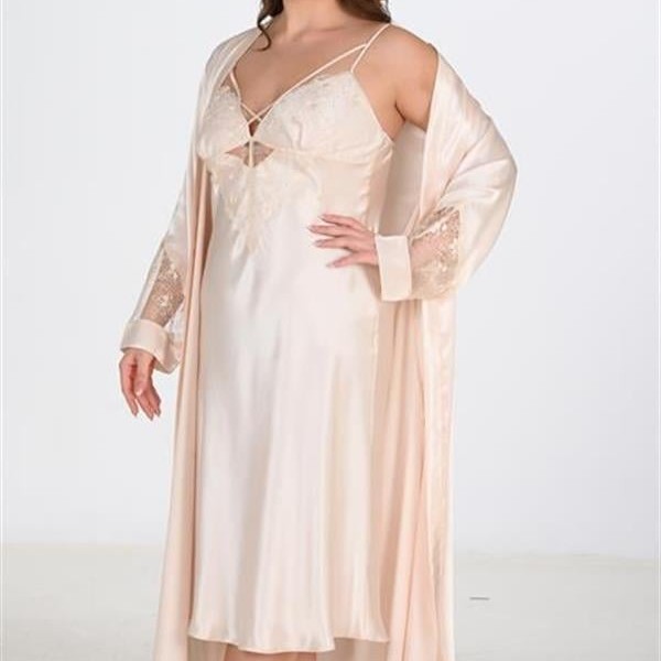 Arias Closet Premium Büyük Beden Saten Dantel İşlemeli Fil Dişi Uzun 2'Li Gecelik Sabahlık Takımı Bigsize