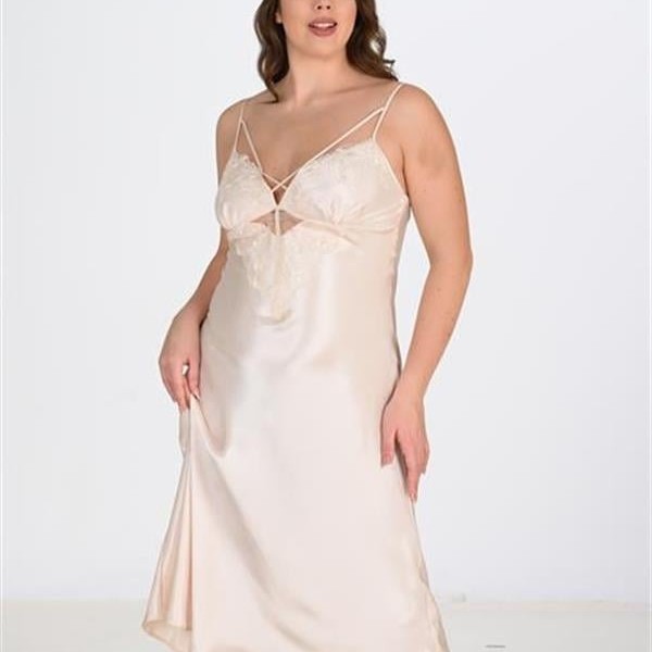 Arias Closet Premium Büyük Beden Saten Dantel İşlemeli Fil Dişi Uzun 2'Li Gecelik Sabahlık Takımı Bigsize