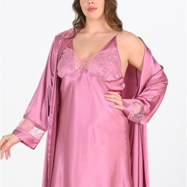Arias Closet Premium Büyük Beden Saten Dantel İşlemeli Gül Kurusu 2'Li Gecelik Sabahlık Takımı Bigsize