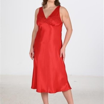 Arias Closet Premium Büyük Beden Saten Dantel İşlemeli Kırmızı 2'Li Gecelik Sabahlık Takımı Bigsize