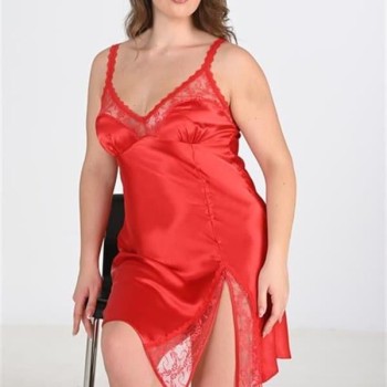 Arias Closet Premium Büyük Beden Saten Dantel İşlemeli Kırmızı Gecelik Bigsize