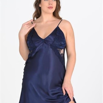 Arias Closet Premium Büyük Beden Saten Dantel İşlemeli Lacivert 2'Li Gecelik Sabahlık Takımı Bigsize
