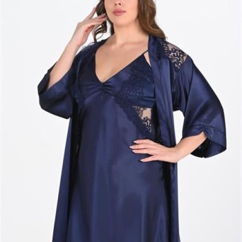 Arias Closet Premium Büyük Beden Saten Dantel İşlemeli Lacivert 2'Li Gecelik Sabahlık Takımı Bigsize