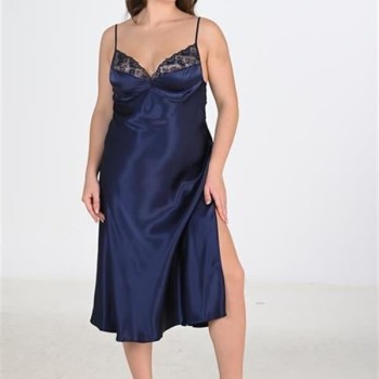 Arias Closet Premium Büyük Beden Saten Dantel İşlemeli Lacivert Uzun 2'Li Gecelik Sabahlık Takımı Bigsize