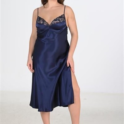 Arias Closet Premium Büyük Beden Saten Dantel İşlemeli Lacivert Uzun 2'Li Gecelik Sabahlık Takımı Bigsize