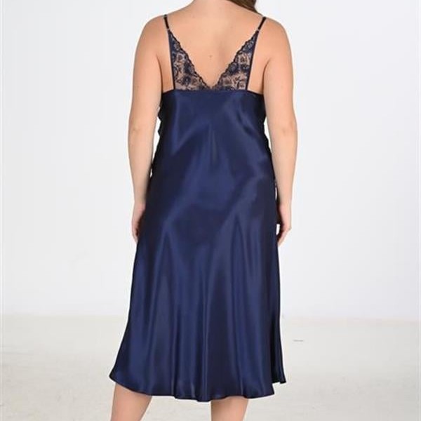 Arias Closet Premium Büyük Beden Saten Dantel İşlemeli Lacivert Uzun 2'Li Gecelik Sabahlık Takımı Bigsize