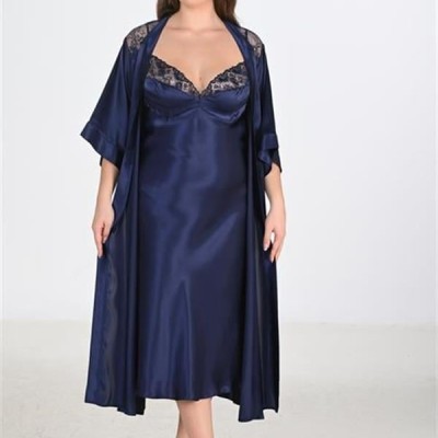 Arias Closet Premium Büyük Beden Saten Dantel İşlemeli Lacivert Uzun 2'Li Gecelik Sabahlık Takımı Bigsize