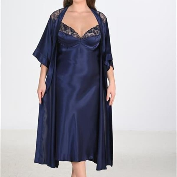 Arias Closet Premium Büyük Beden Saten Dantel İşlemeli Lacivert Uzun 2'Li Gecelik Sabahlık Takımı Bigsize