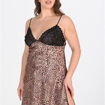 Arias Closet Premium Büyük Beden Saten Dantel İşlemeli Leopar 2'Li Gecelik Sabahlık Takımı Bigsize