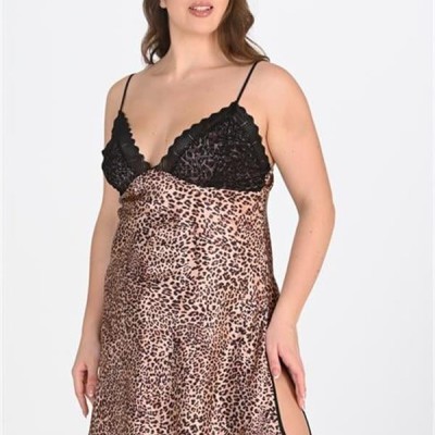 Arias Closet Premium Büyük Beden Saten Dantel İşlemeli Leopar 2'Li Gecelik Sabahlık Takımı Bigsize