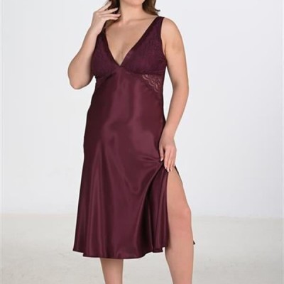 Arias Closet Premium Büyük Beden Saten Dantel İşlemeli Mürdüm Uzun 2'Li Gecelik Sabahlık Takımı Bigsize