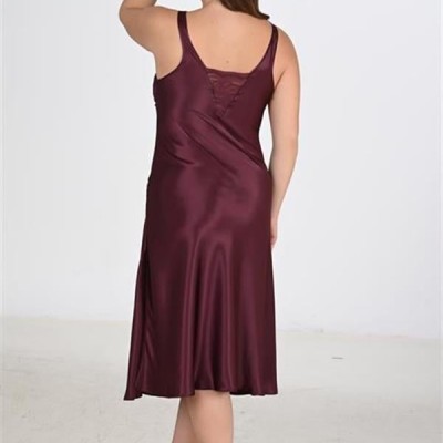 Arias Closet Premium Büyük Beden Saten Dantel İşlemeli Mürdüm Uzun 2'Li Gecelik Sabahlık Takımı Bigsize