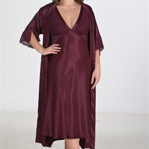 Arias Closet Premium Büyük Beden Saten Dantel İşlemeli Mürdüm Uzun 2'Li Gecelik Sabahlık Takımı Bigsize
