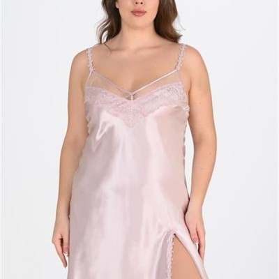Arias Closet Premium Büyük Beden Saten Dantel İşlemeli Pudra 2'Li Gecelik Sabahlık Takımı Bigsize