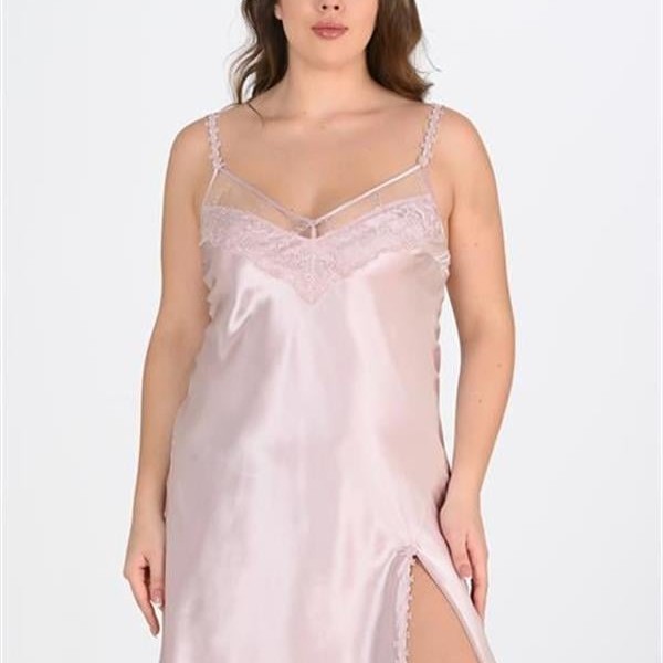 Arias Closet Premium Büyük Beden Saten Dantel İşlemeli Pudra 2'Li Gecelik Sabahlık Takımı Bigsize