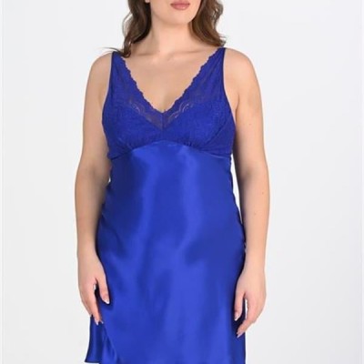 Arias Closet Premium Büyük Beden Saten Dantel İşlemeli Saks 2'Li Gecelik Sabahlık Takımı Bigsize