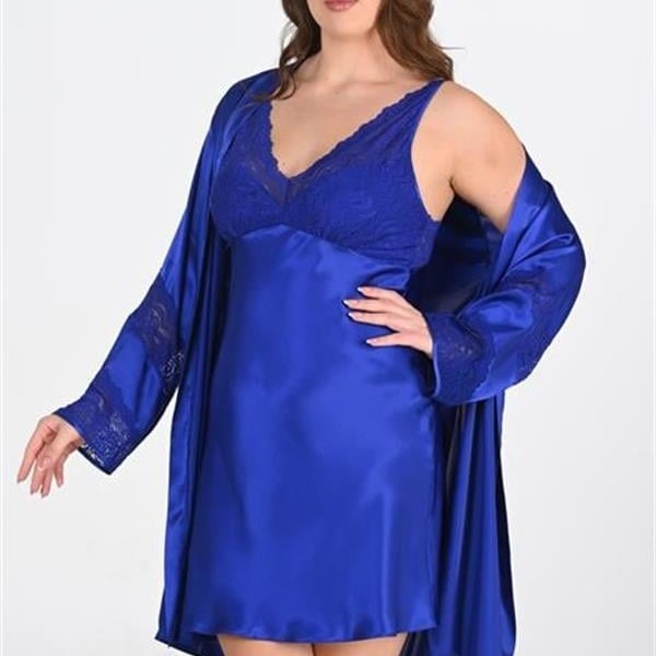 Arias Closet Premium Büyük Beden Saten Dantel İşlemeli Saks 2'Li Gecelik Sabahlık Takımı Bigsize