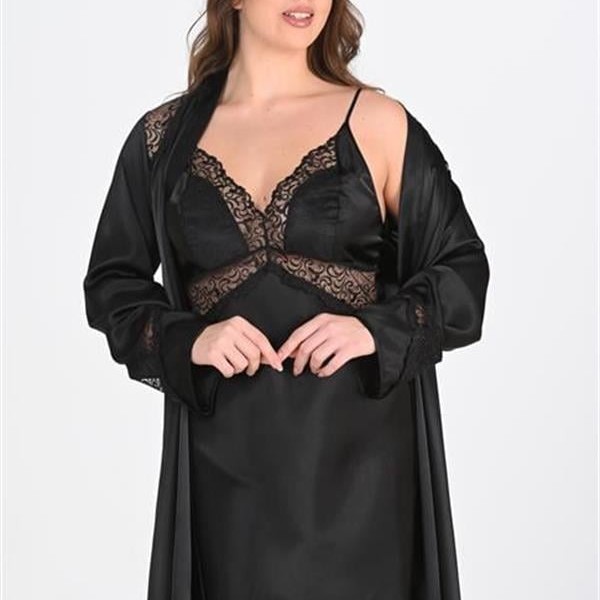 Arias Closet Premium Büyük Beden Saten Dantel İşlemeli Siyah 2'Li Gecelik Sabahlık Takımı Bigsize