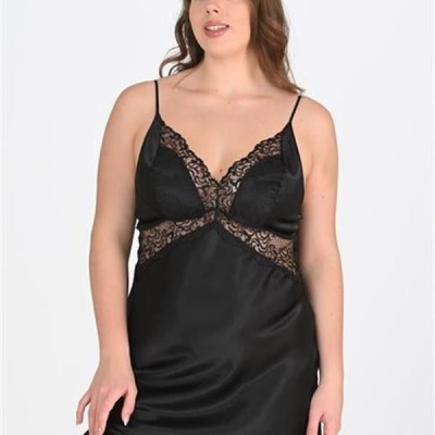 Arias Closet Premium Büyük Beden Saten Dantel İşlemeli Siyah 2'Li Gecelik Sabahlık Takımı Bigsize
