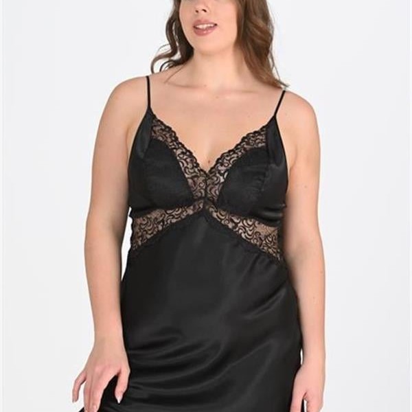 Arias Closet Premium Büyük Beden Saten Dantel İşlemeli Siyah 2'Li Gecelik Sabahlık Takımı Bigsize