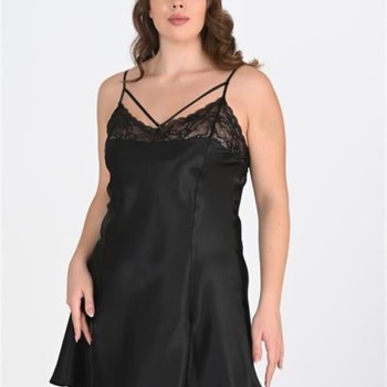 Arias Closet Premium Büyük Beden Saten Dantel İşlemeli Siyah Gecelik Bigsize