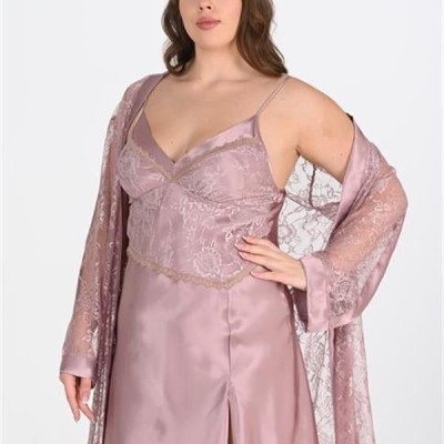 Arias Closet Premium Büyük Beden Saten Dantel İşlemeli Vizon 2'Li Gecelik Sabahlık Takımı Bigsize