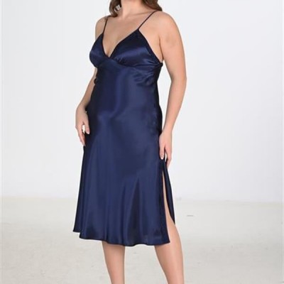 Arias Closet Premium Büyük Beden Saten Lacivert Uzun 2'Li Gecelik Sabahlık Takımı Bigsize