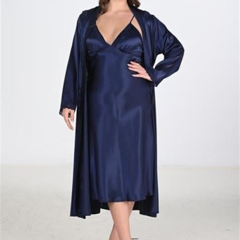 Arias Closet Premium Büyük Beden Saten Lacivert Uzun 2'Li Gecelik Sabahlık Takımı Bigsize