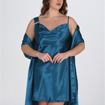 Arias Closet Premium Büyük Beden Saten Petrol 2'Li Gecelik Sabahlık Takımı Bigsize