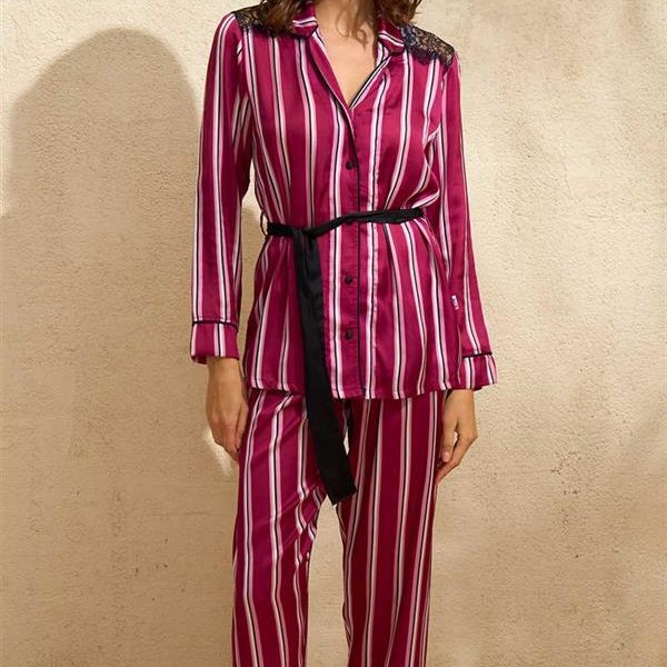 Arias Closet Saten Çizgili Düğmeli Uzun Kol Dantelli Gömlek Ve Pantolon Pijama Takım (9765)
