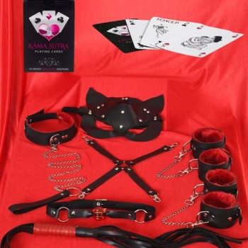 Arias Closet Sexy Görselli Oyun Kartı Kama Sutra 7'Li Kırmızı Siyah Harness Set
