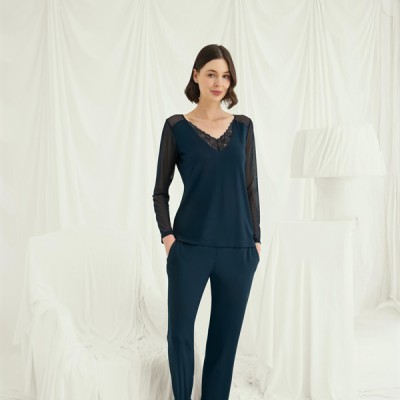 Arias Closet Sırt Dekolteli Uzun Kollu Tüllü Ve Dantelli Pijama Takımı