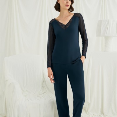 Arias Closet Sırt Dekolteli Uzun Kollu Tüllü Ve Dantelli Pijama Takımı