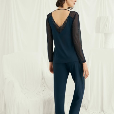 Arias Closet Sırt Dekolteli Uzun Kollu Tüllü Ve Dantelli Pijama Takımı