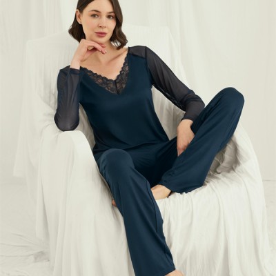 Arias Closet Sırt Dekolteli Uzun Kollu Tüllü Ve Dantelli Pijama Takımı