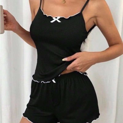 Arias Closet Siyah Beyaz Kurdelalı Askılı Şortlu Pijama Takımı