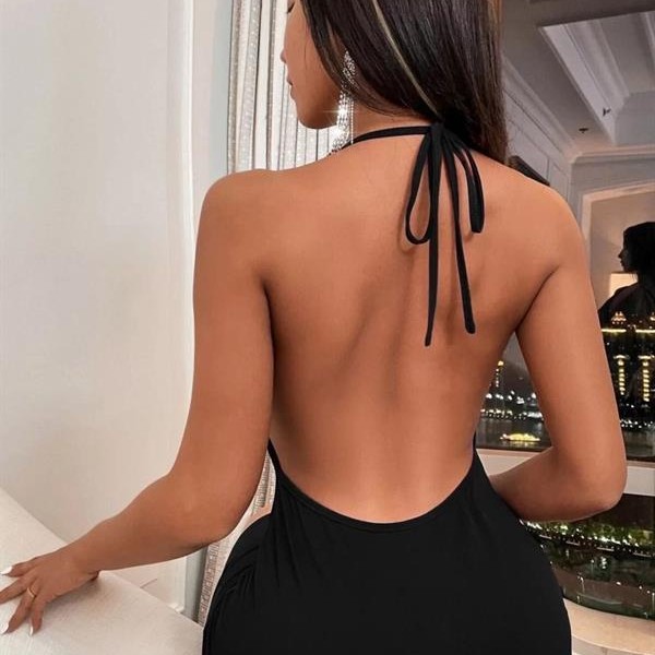 Arias Closet Siyah Boyundan Bağlamalı Sırt Dekolteli Mini Club Elbisesi