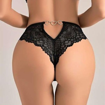 Arias Closet Siyah Dantel İşlemeli Arkası Kalp Detaylı Fantezi String Tanga