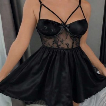Arias Closet Siyah Dantel İşlemeli İnce Askılı Göğüs Dekolteli Saten Mini Fantezi Gecelik